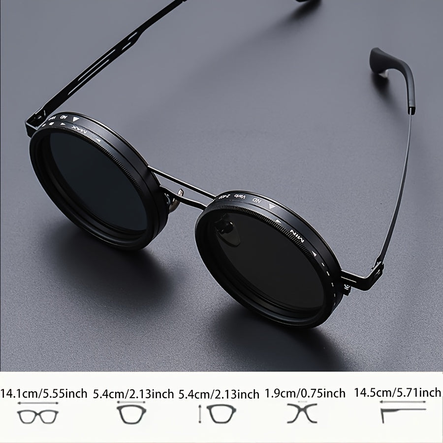 1-9 Gears Adjustable Punk Style Round Frame Unisex Sunglasses | Durable Zinc Alloy & PC Material, Lightweight & Comfortable, Protection, Perfect for Casual Attire & Everyday Fashion, Bold Fashion Accessory, Without Battery