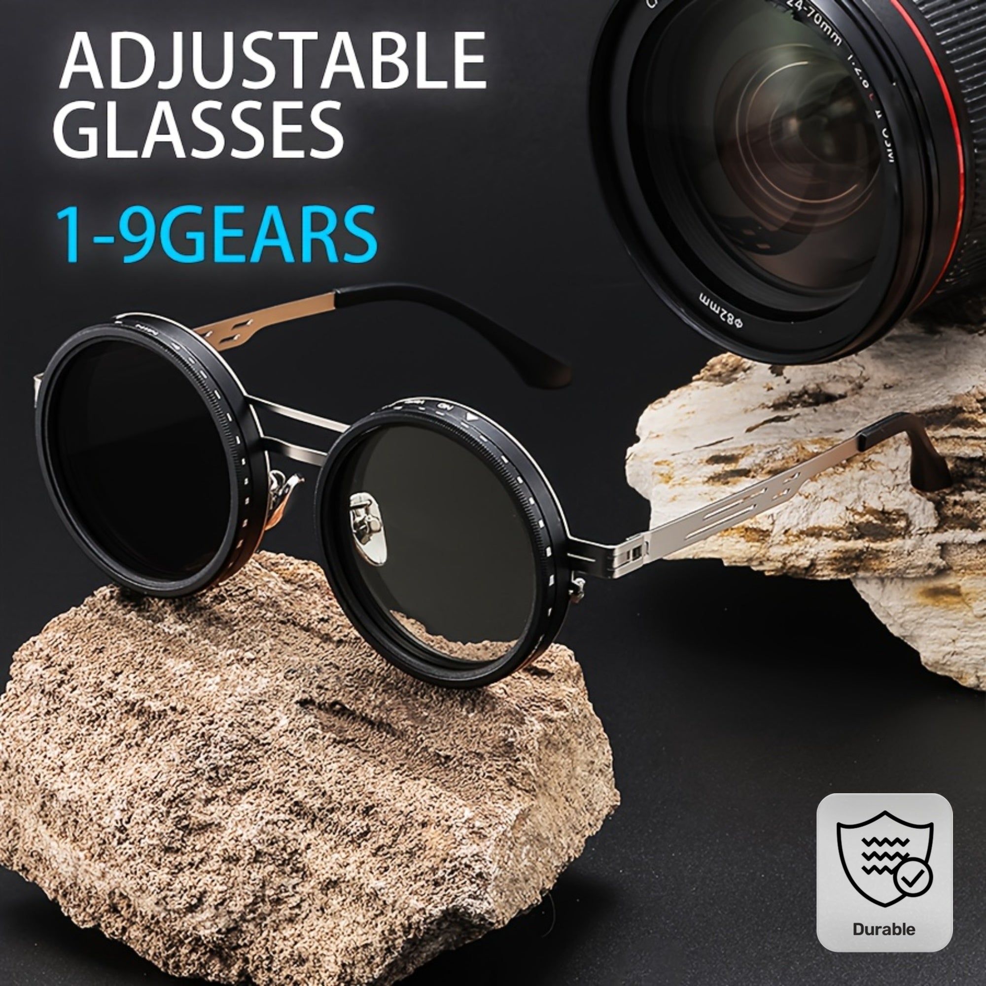 1-9 Gears Adjustable Punk Style Round Frame Unisex Sunglasses | Durable Zinc Alloy & PC Material, Lightweight & Comfortable, Protection, Perfect for Casual Attire & Everyday Fashion, Bold Fashion Accessory, Without Battery