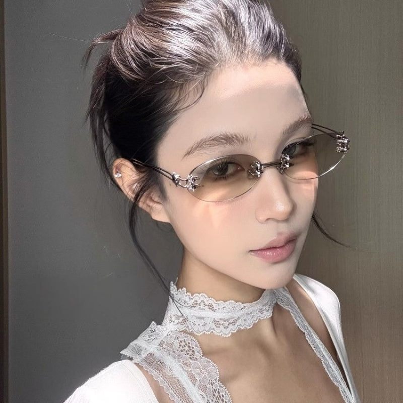 Vintage Frameless Oval Metal Premium Mesh Water Silvery Y2K Asian European and American Spice Wind