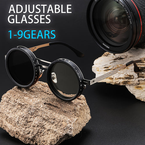 1-9 Gears Adjustable Punk Style Round Frame Unisex Sunglasses | Durable Zinc Alloy & PC Material, Lightweight & Comfortable, Protection, Perfect for Casual Attire & Everyday Fashion, Bold Fashion Accessory, Without Battery