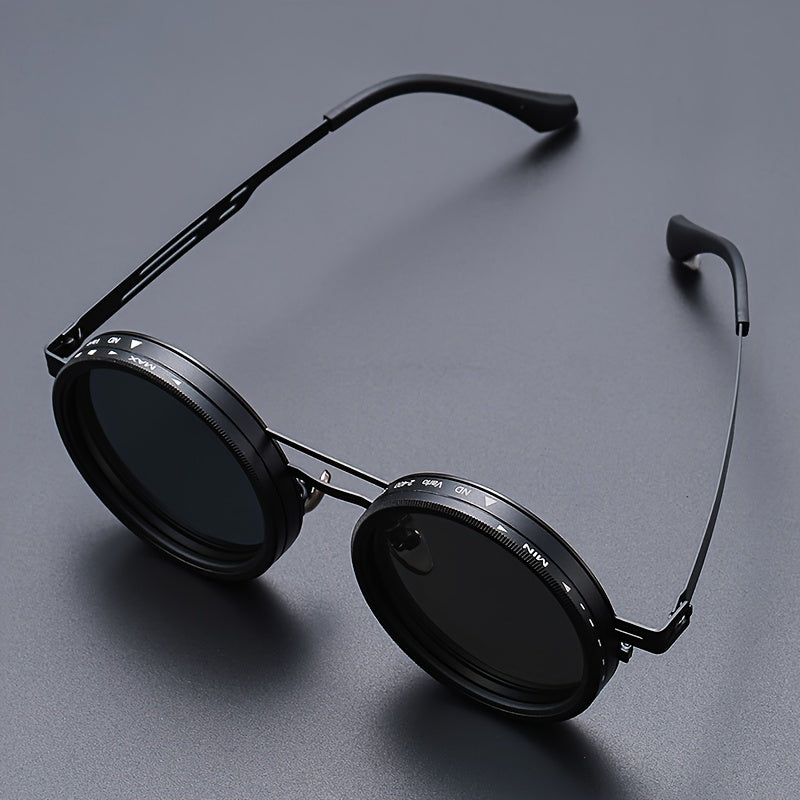 1-9 Gears Adjustable Punk Style Round Frame Unisex Sunglasses | Durable Zinc Alloy & PC Material, Lightweight & Comfortable, Protection, Perfect for Casual Attire & Everyday Fashion, Bold Fashion Accessory, Without Battery
