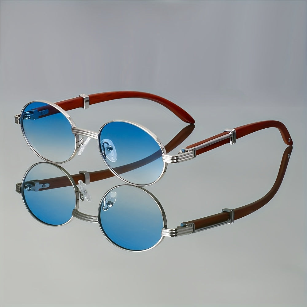 Retro Oval Fashion Glasses with Imitation Wood Grain & Gradient Tinted Lenses - Unisex Fashion Eyewear for Women & Men, Lightweight Metal Frame, Casual Daily Wear Accessories, Vintage Style Eyewear, Metallic Hinges Eyeglasses, Without Battery