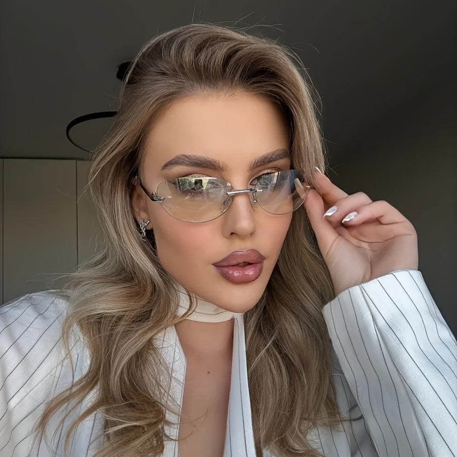 1 Pair Retro Y2K Frameless Oval Glasses - Oversized Eyewear with Metal Hinges, Comfortable & Lightweight Neutral Style for &, Summer Accessories, Casual or Dressy Outfits