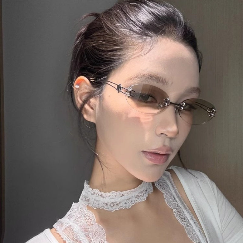 Vintage Frameless Oval Metal Premium Mesh Water Silvery Y2K Asian European and American Spice Wind