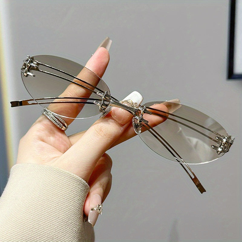 Vintage Frameless Oval Metal Premium Mesh Water Silvery Y2K Asian European and American Spice Wind