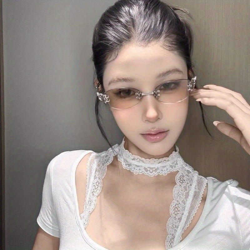 Vintage Frameless Oval Metal Premium Mesh Water Silvery Y2K Asian European and American Spice Wind