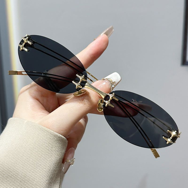 Vintage Frameless Oval Metal Premium Mesh Water Silvery Y2K Asian European and American Spice Wind