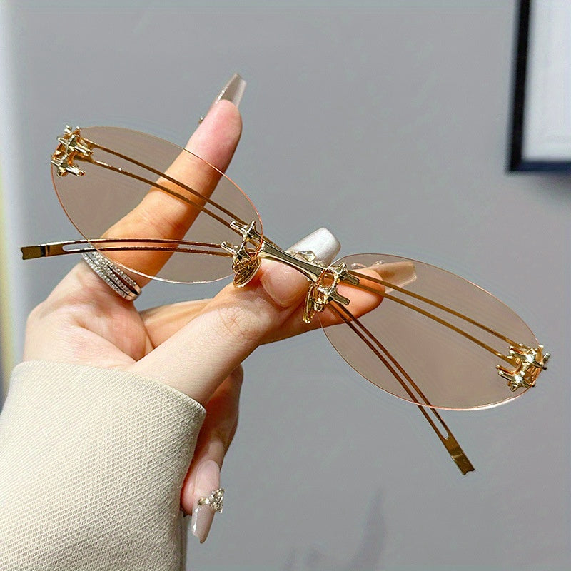 Vintage Frameless Oval Metal Premium Mesh Water Silvery Y2K Asian European and American Spice Wind