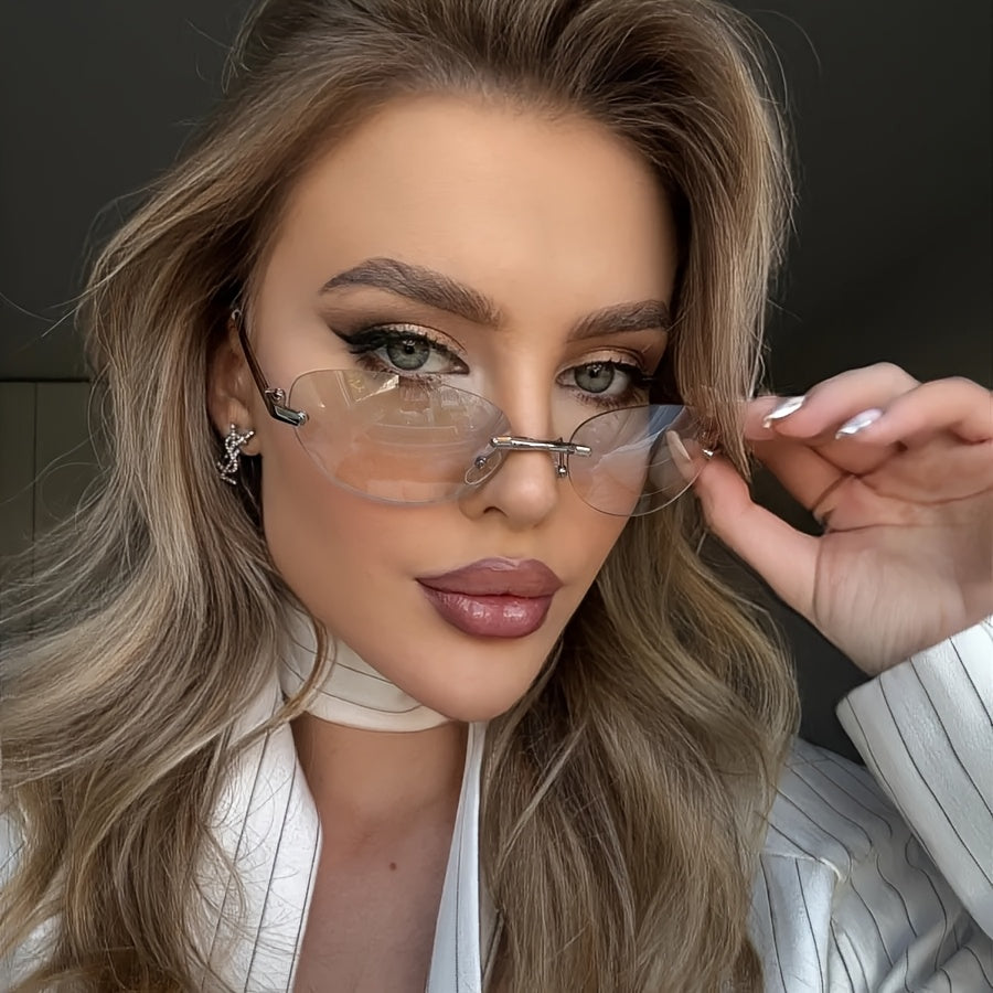 1 Pair Retro Y2K Frameless Oval Glasses - Oversized Eyewear with Metal Hinges, Comfortable & Lightweight Neutral Style for &, Summer Accessories, Casual or Dressy Outfits