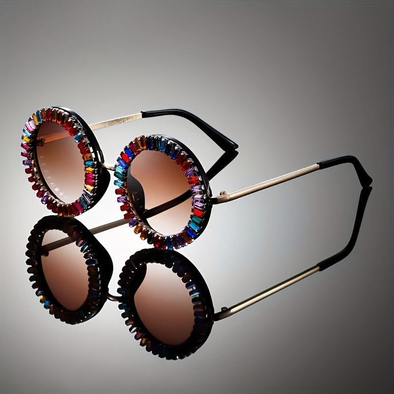 1pc of Vintage Round Frame Metal Glasses for Men And Women, Adorned with Colorful Rhinestones, Perfect for Dressing Up, a Great Birthday Gift