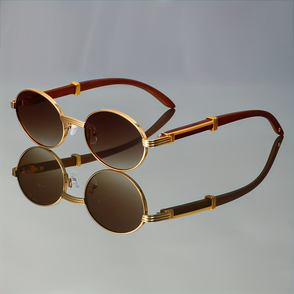 Retro Oval Fashion Glasses with Imitation Wood Grain & Gradient Tinted Lenses - Unisex Fashion Eyewear for Women & Men, Lightweight Metal Frame, Casual Daily Wear Accessories, Vintage Style Eyewear, Metallic Hinges Eyeglasses, Without Battery