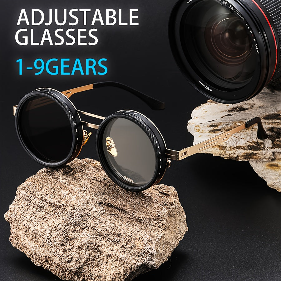 1-9 Gears Adjustable Punk Style Round Frame Unisex Sunglasses | Durable Zinc Alloy & PC Material, Lightweight & Comfortable, Protection, Perfect for Casual Attire & Everyday Fashion, Bold Fashion Accessory, Without Battery