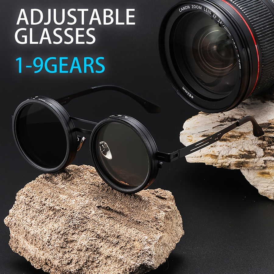 1-9 Gears Adjustable Punk Style Round Frame Unisex Sunglasses | Durable Zinc Alloy & PC Material, Lightweight & Comfortable, Protection, Perfect for Casual Attire & Everyday Fashion, Bold Fashion Accessory, Without Battery
