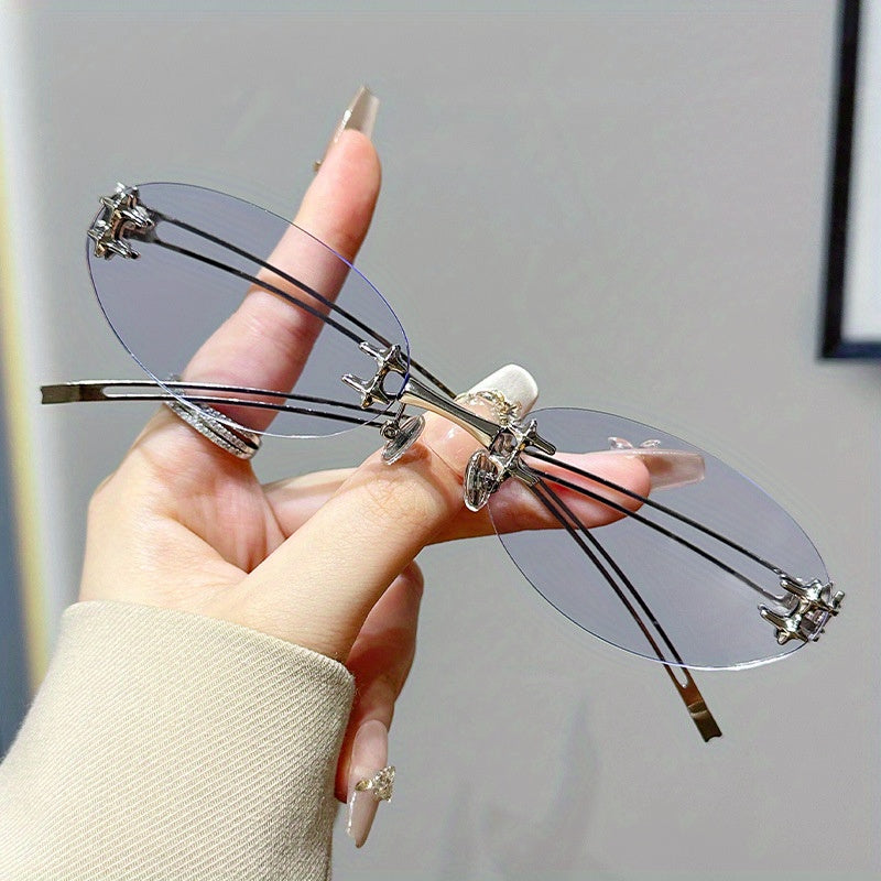 Vintage Frameless Oval Metal Premium Mesh Water Silvery Y2K Asian European and American Spice Wind