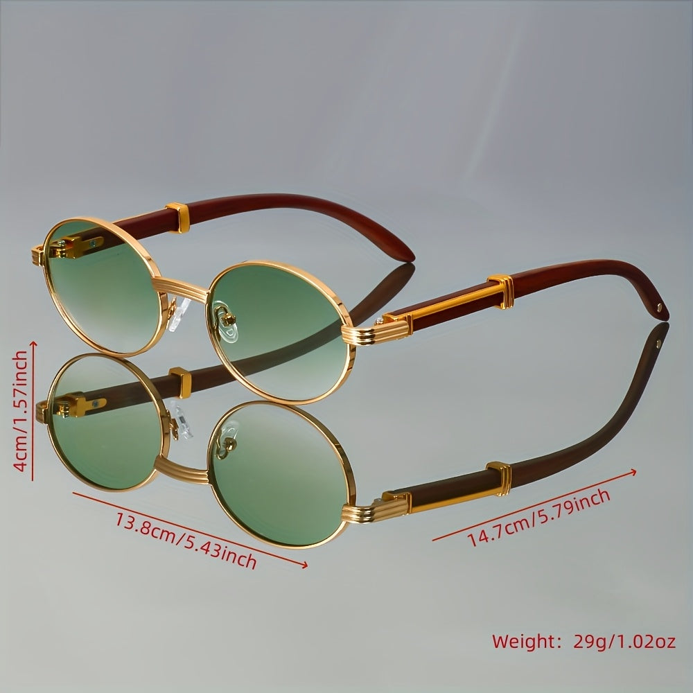 Retro Oval Fashion Glasses with Imitation Wood Grain & Gradient Tinted Lenses - Unisex Fashion Eyewear for Women & Men, Lightweight Metal Frame, Casual Daily Wear Accessories, Vintage Style Eyewear, Metallic Hinges Eyeglasses, Without Battery